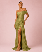 Shania - Longue robe en satin olive