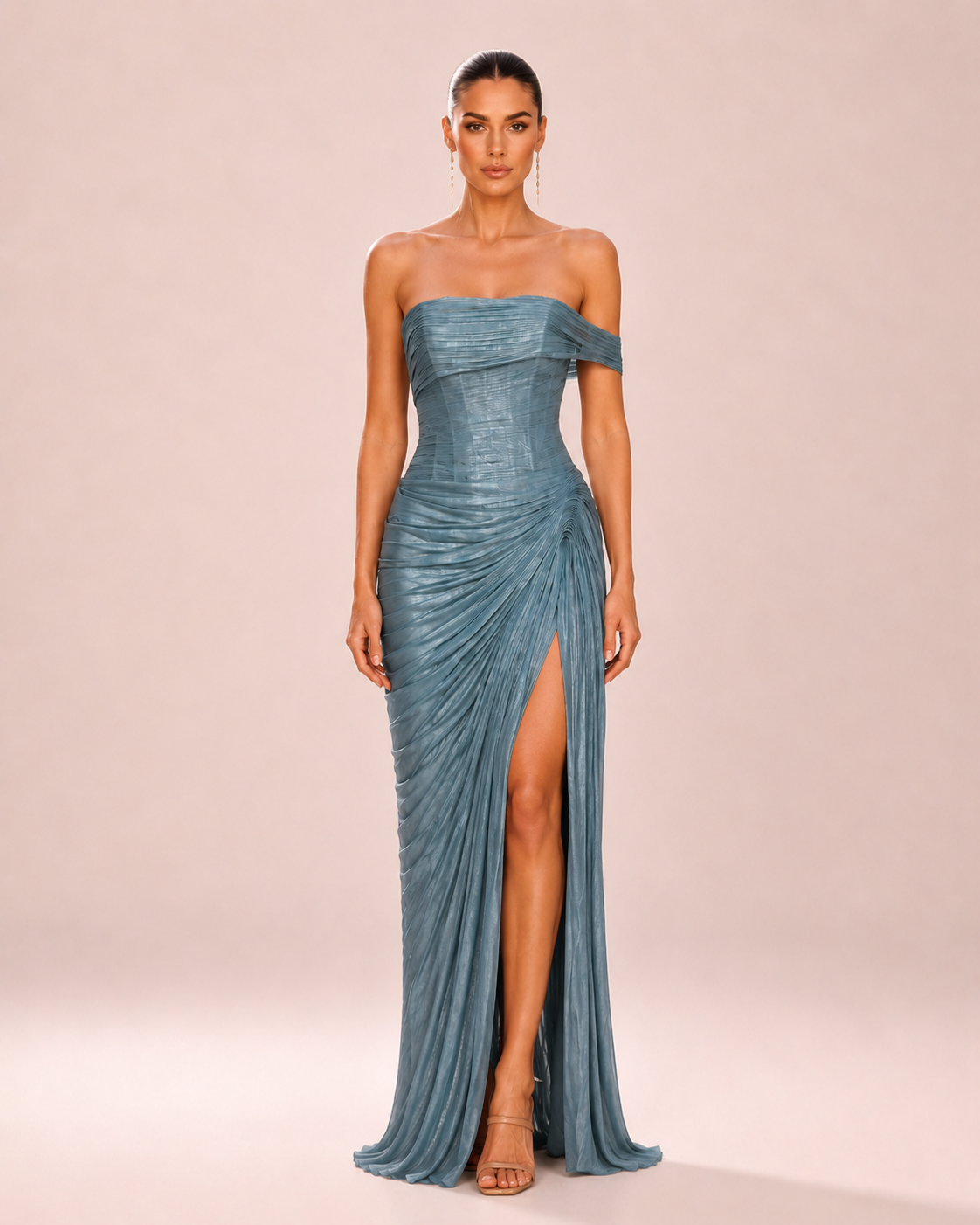 Shania - Longue robe en satin bleu gris