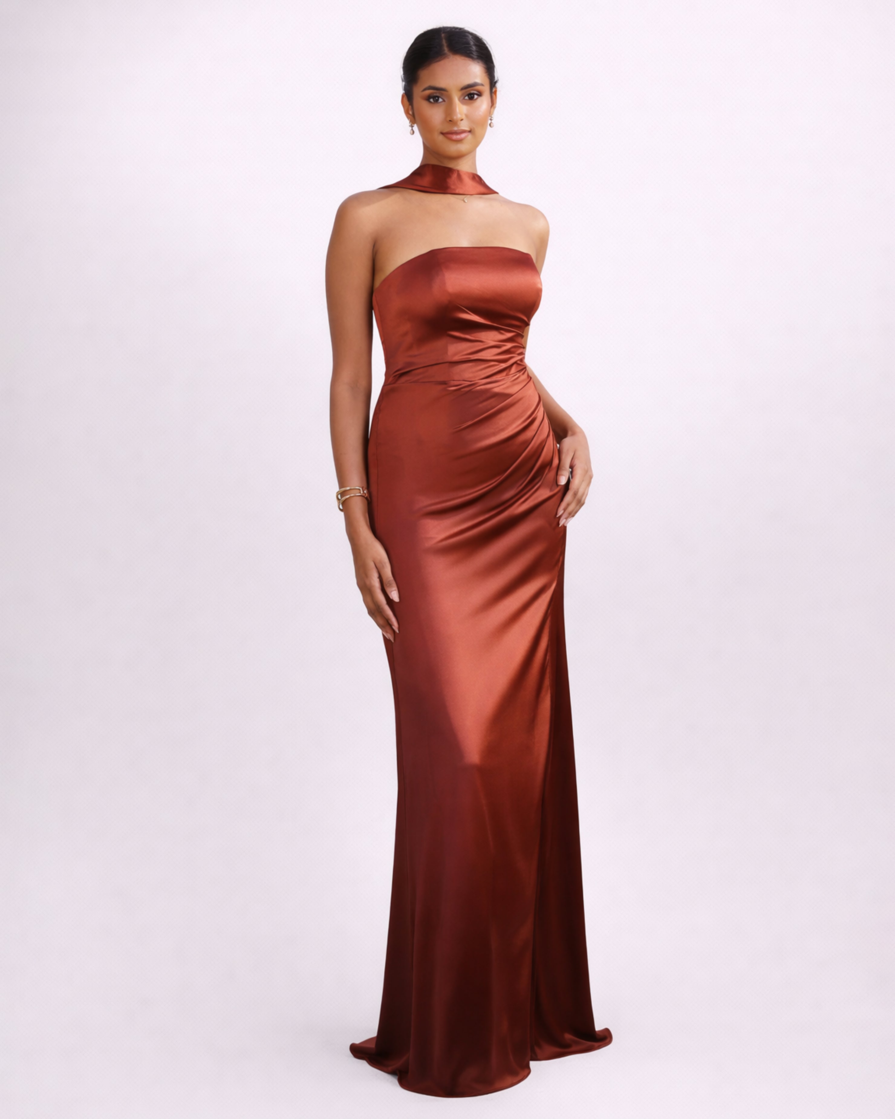 Sia - Robe bustier en satin terracotta