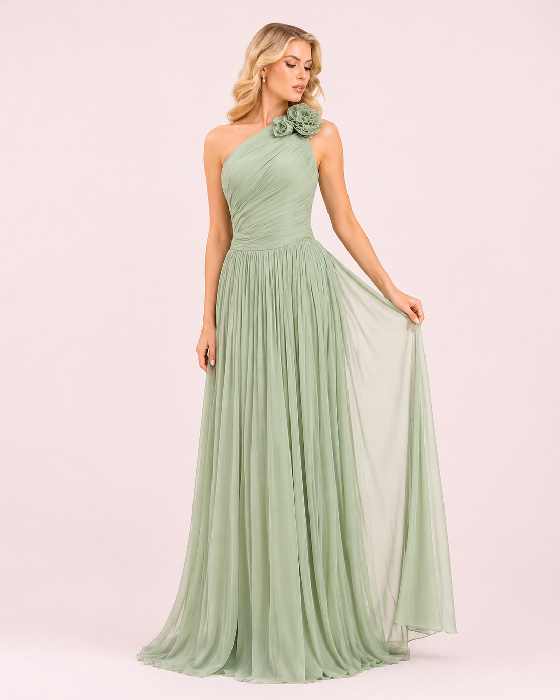 Adèle - Longue robe asymétrique vert sauge