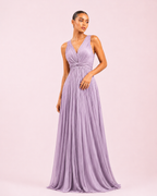 Ambre - Longue robe en satin irisé lilas