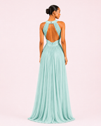 Ambre - Longue robe en satin irisé turquoise