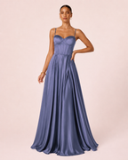 Eva - Robe corset en satin bleu fumé