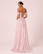 Elsa - Longue robe satinée rose poudré