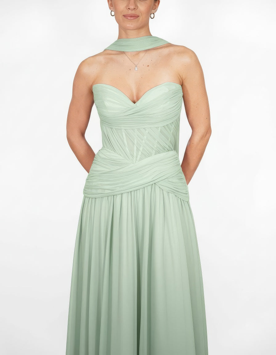 Oriane- Longue robe bustier vert sauge