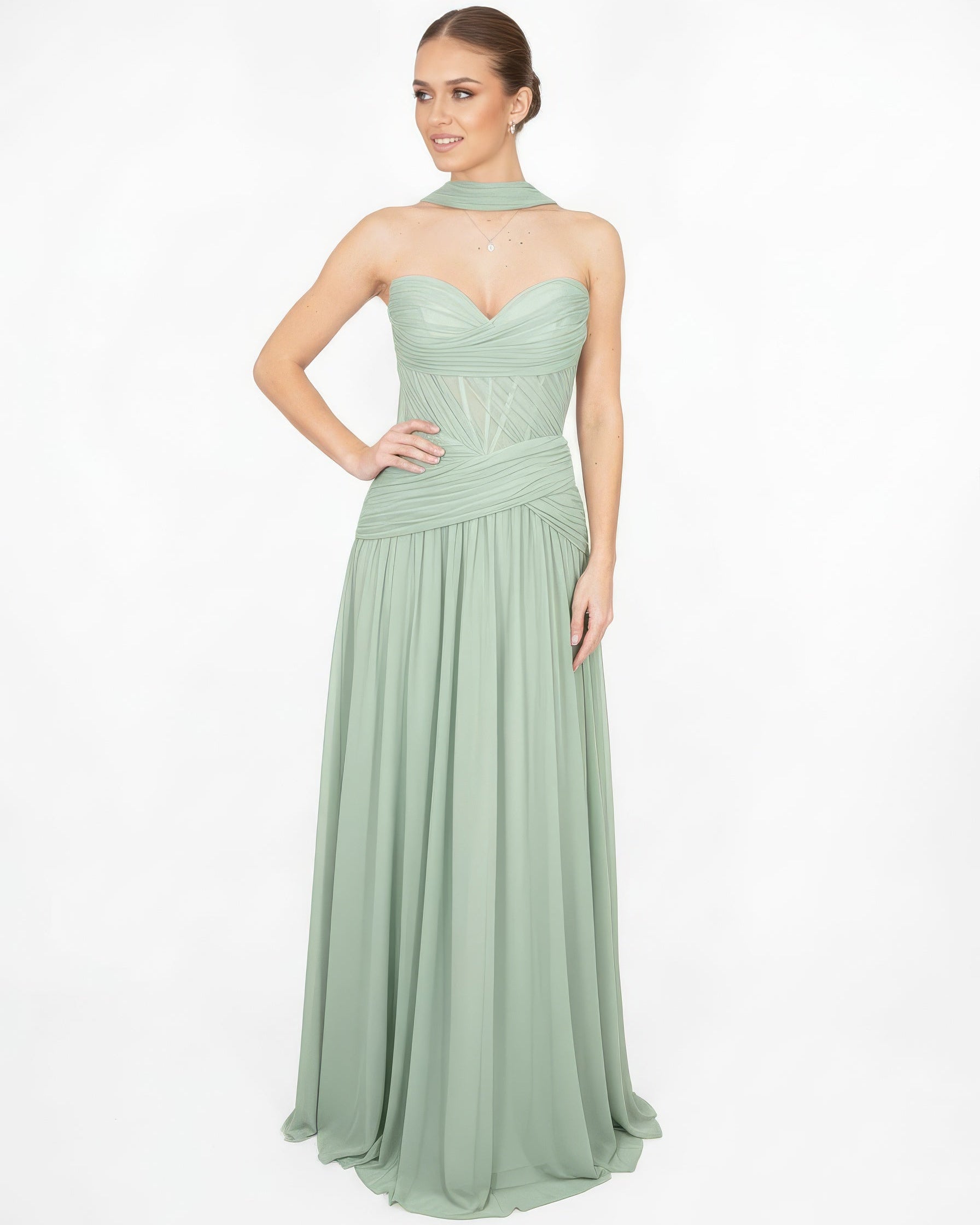 Oriane- Longue robe bustier vert sauge