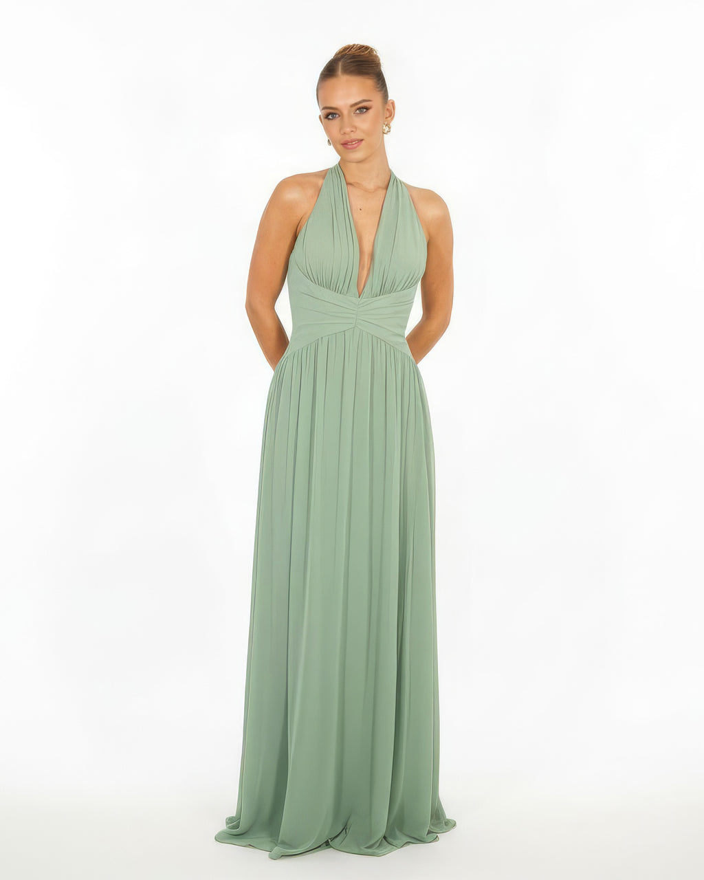 Elva- Longue robe en crêpe verte sauge