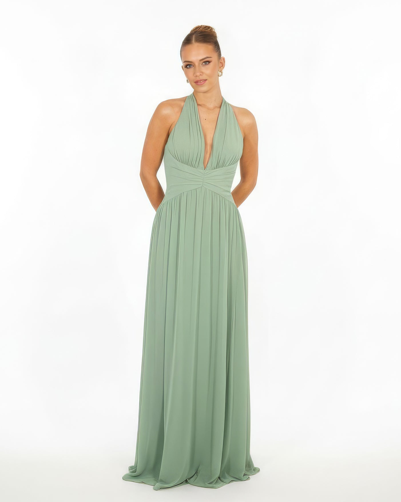 Elva- Longue robe en crêpe verte sauge