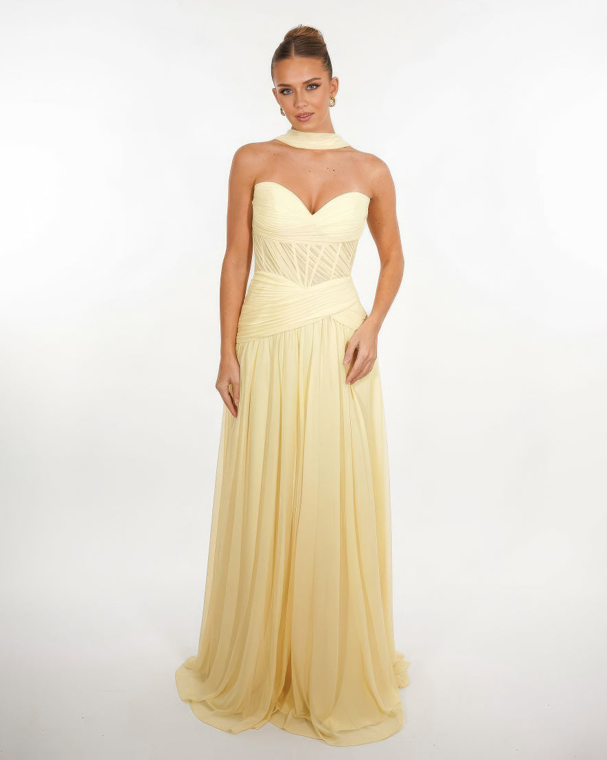 Oriane- Longue robe bustier jaune pastel