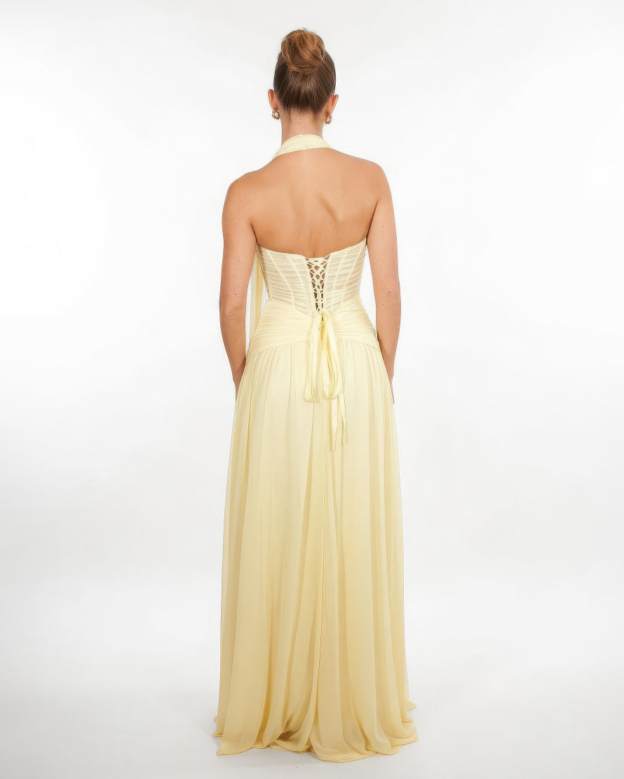 Oriane- Longue robe bustier jaune pastel