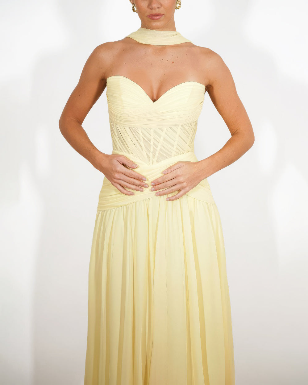 Oriane- Longue robe bustier jaune pastel