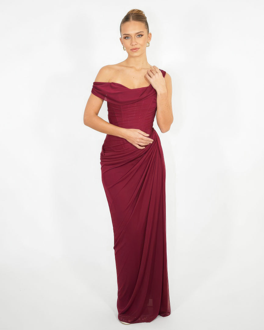 Liora- Longue robe drapée framboise