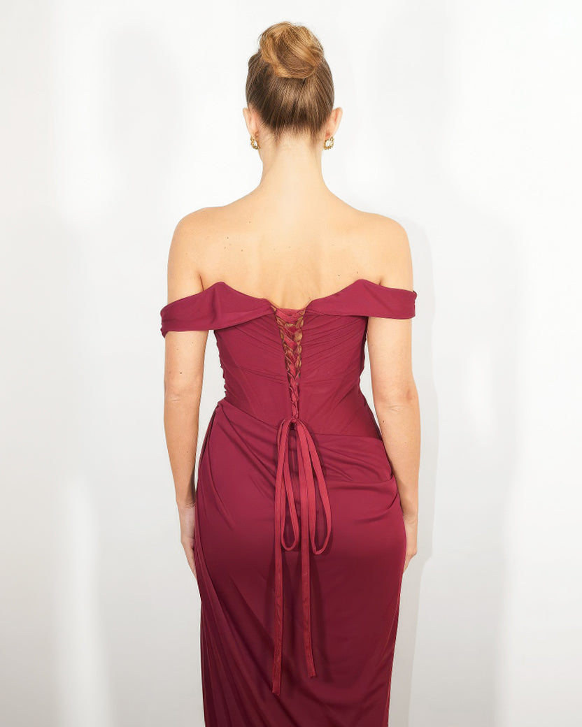 Liora- Longue robe drapée framboise