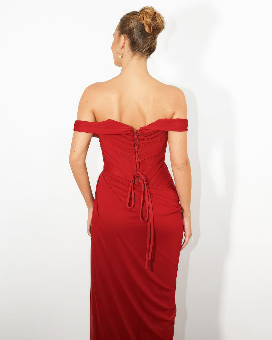 Liora- Longue robe drapée bordeaux