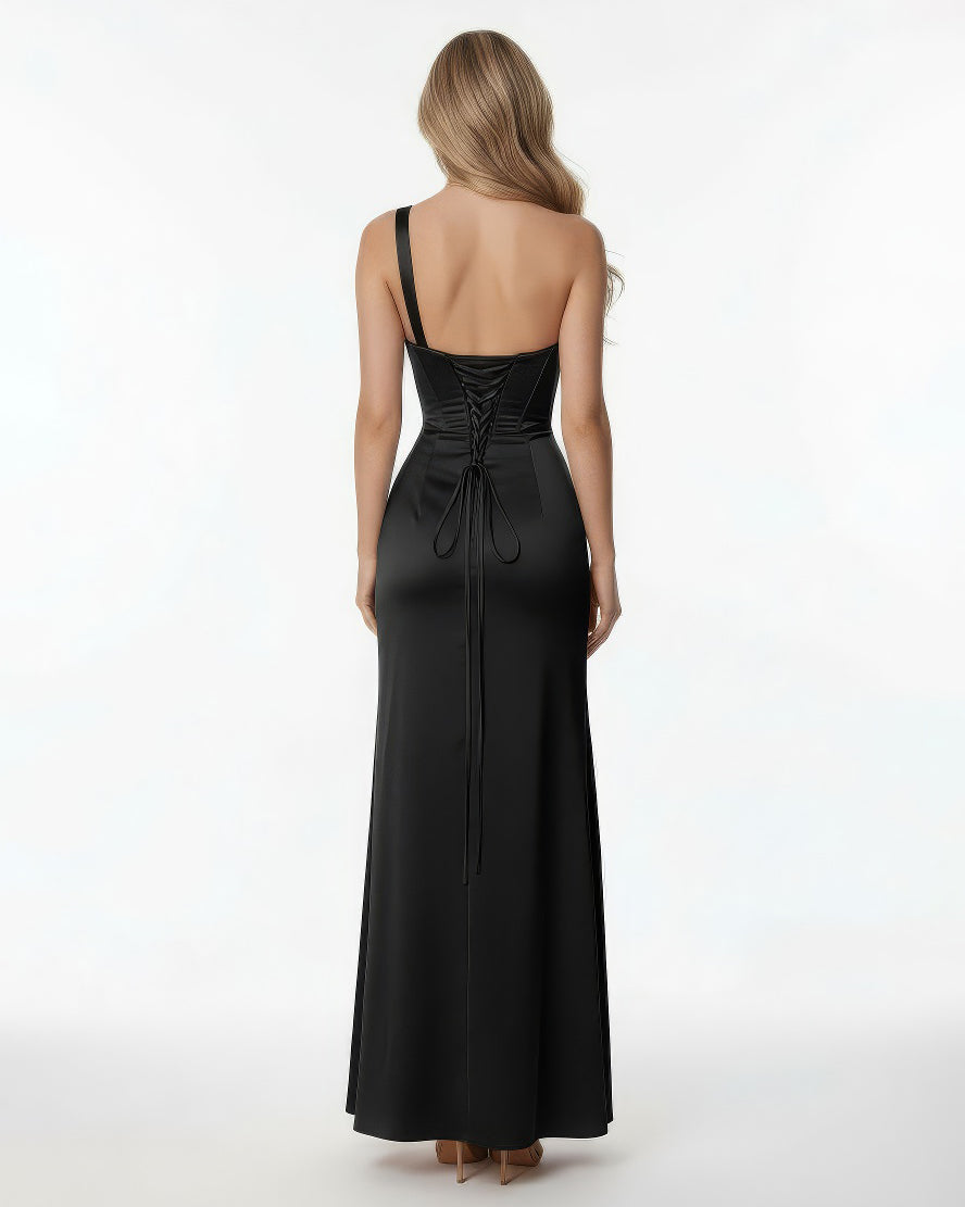 Nova Robe Corset Asymétrique En Satin Noir