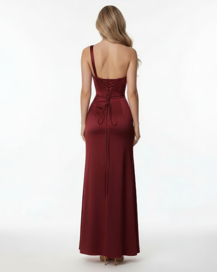 Nova Robe Corset Asymétrique En Satin Bordeaux