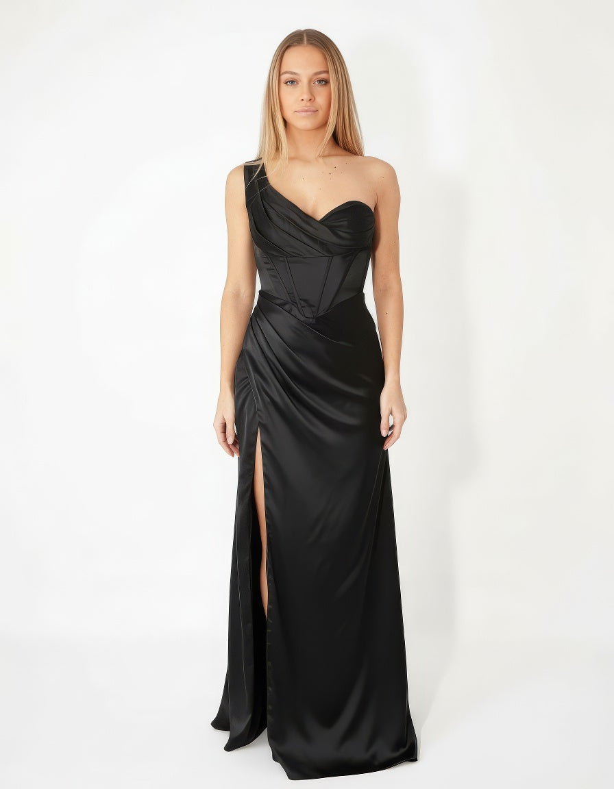 Nova Robe Corset Asymétrique En Satin Noir