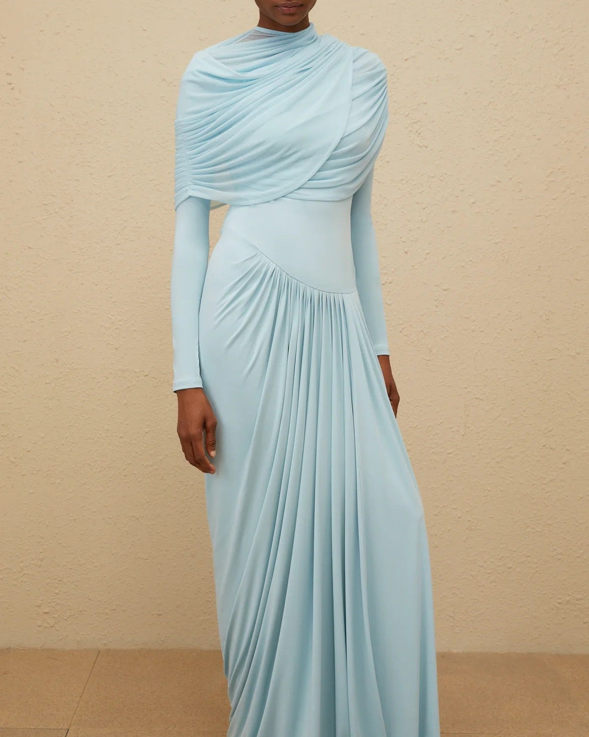 Jane - Longue robe drapée bleu ciel