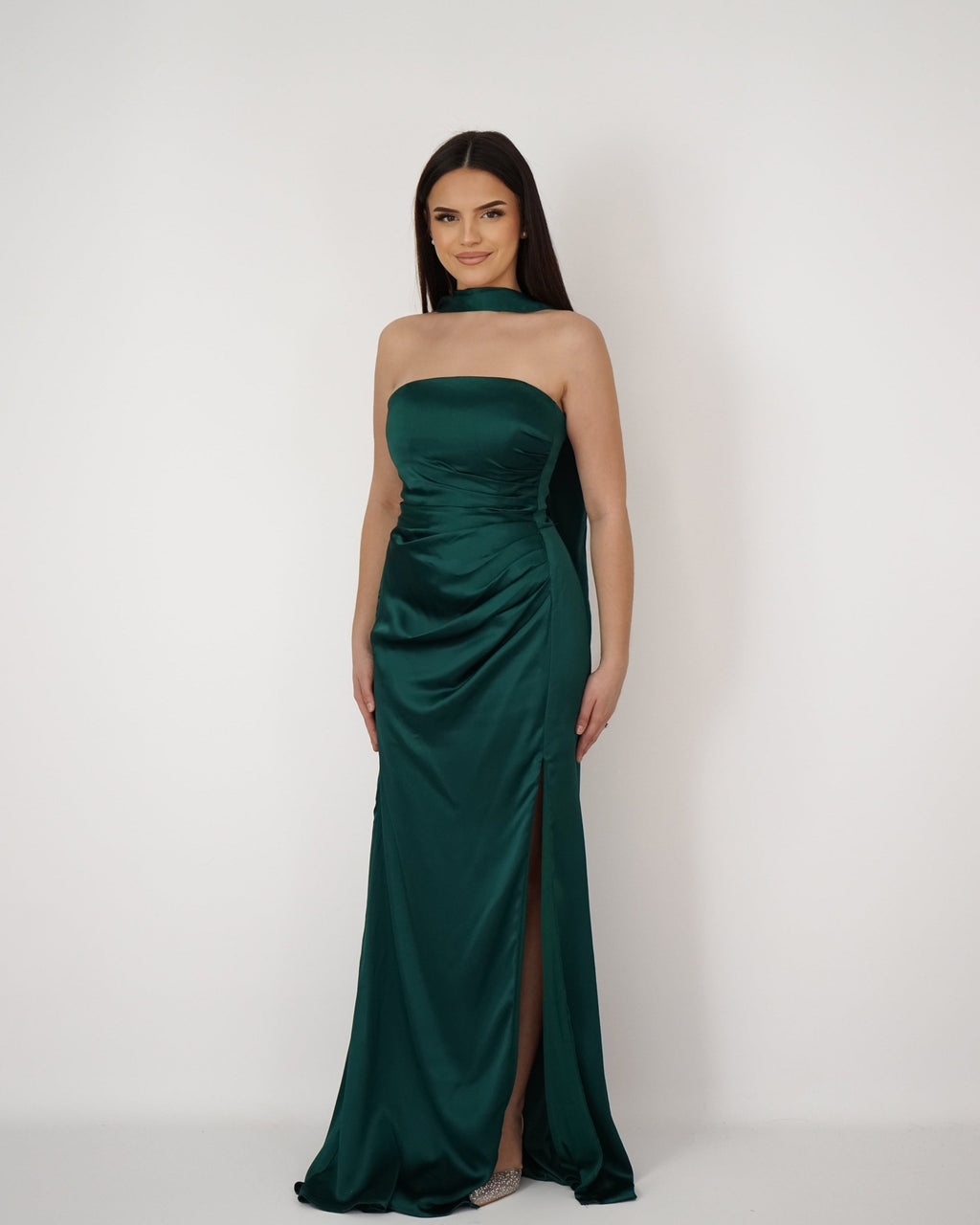 Sia Robe Bustier En Satin Vert Emeraude