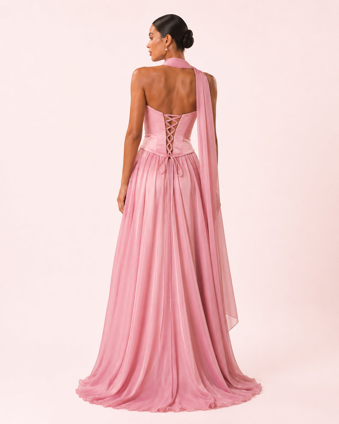 Lily - Longue robe corset jupe fluide rose poussiereux
