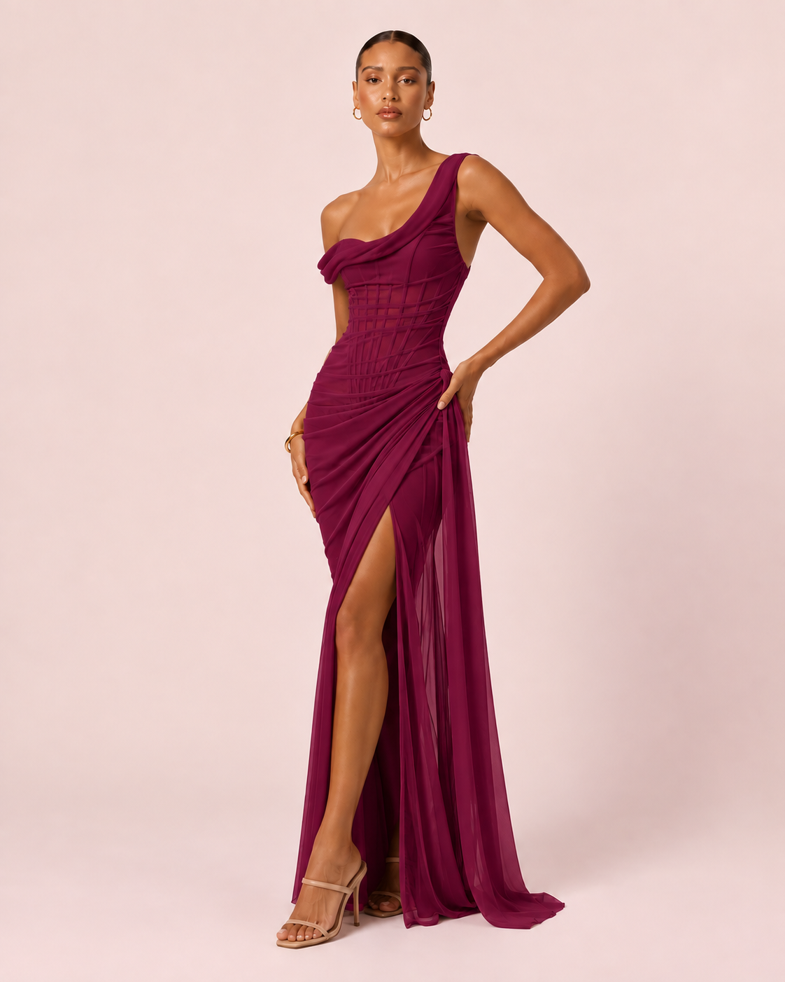 Liora- Longue robe drapée framboise