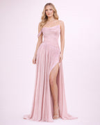 Ludivine - Longue robe satinée rose poudré