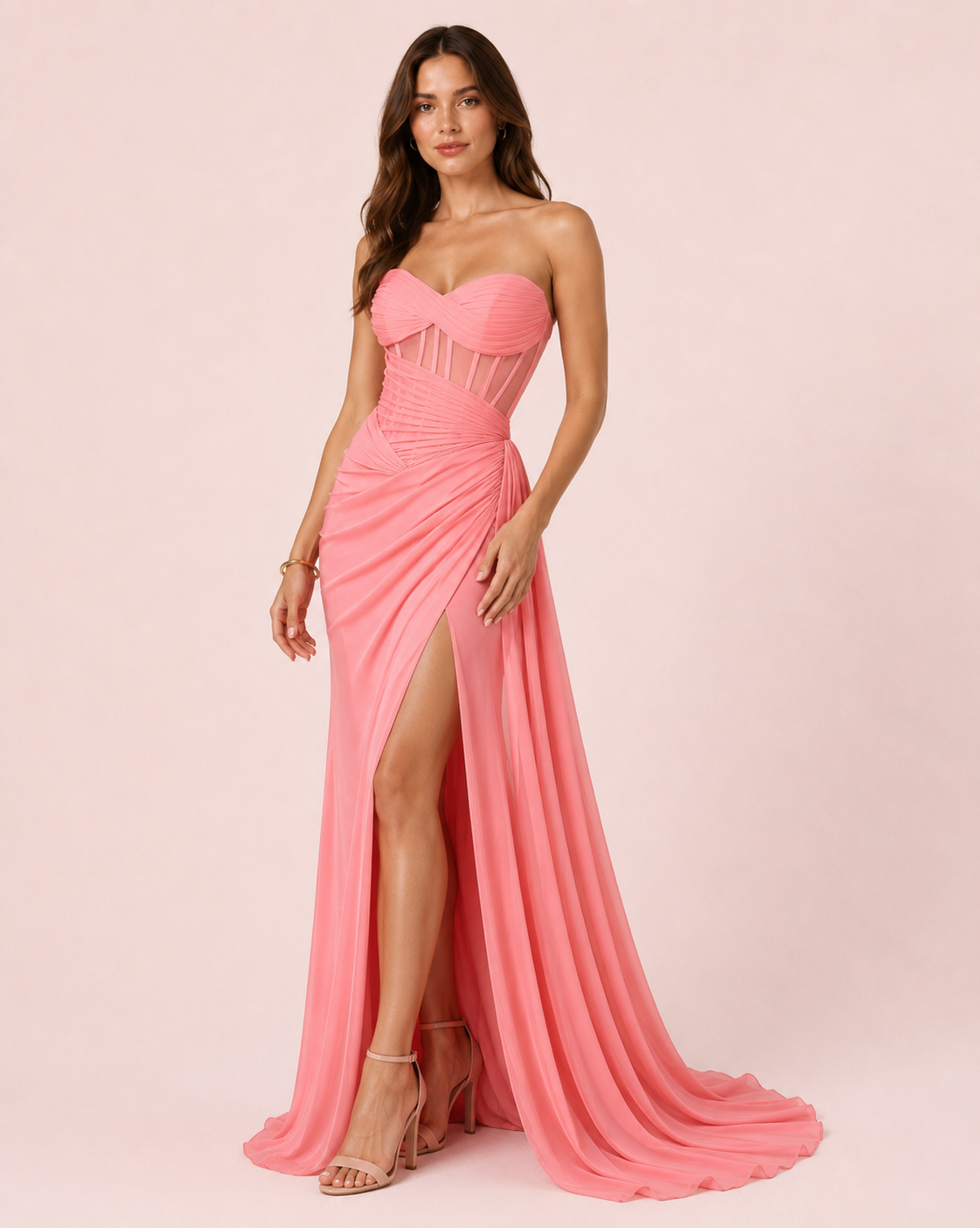 Mariana - Longue robe corset en mousseline corail