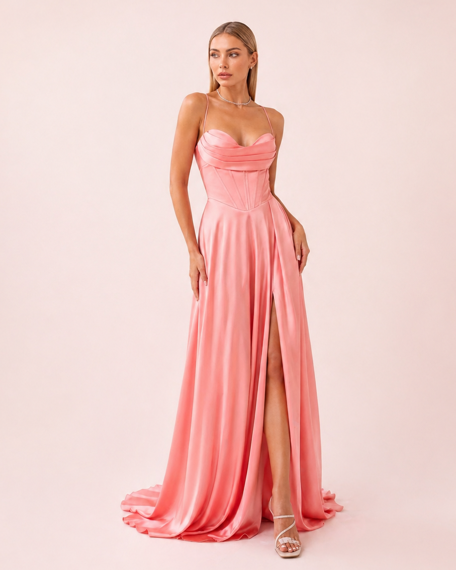Noa - Robe corset en satin corail