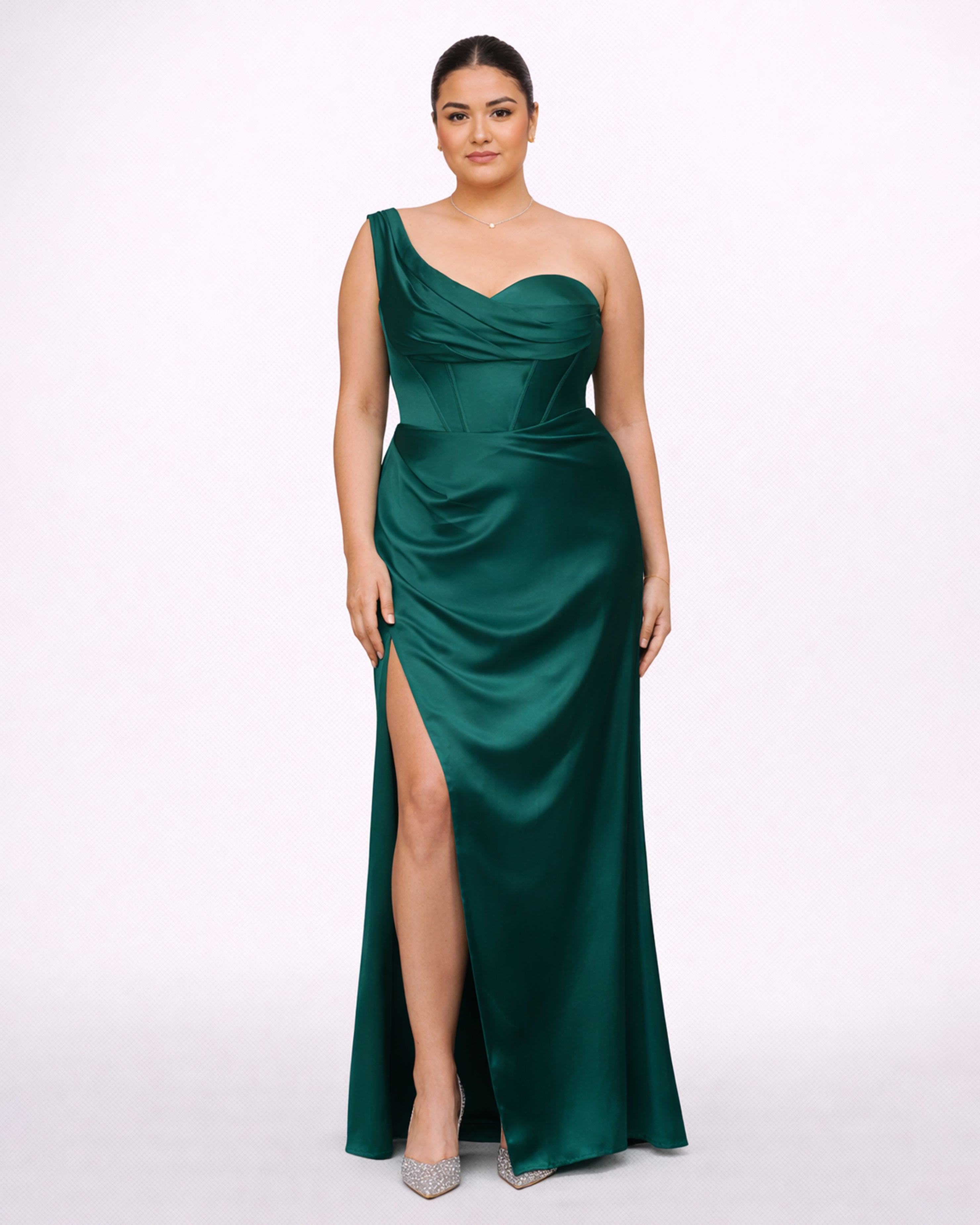 Nova - Robe corset asymétrique en satin vert émeraude