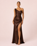 Nova - Robe Corset Asymétrique En Satin Marron
