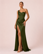 Nova - Robe corset asymétrique en satin vert olive