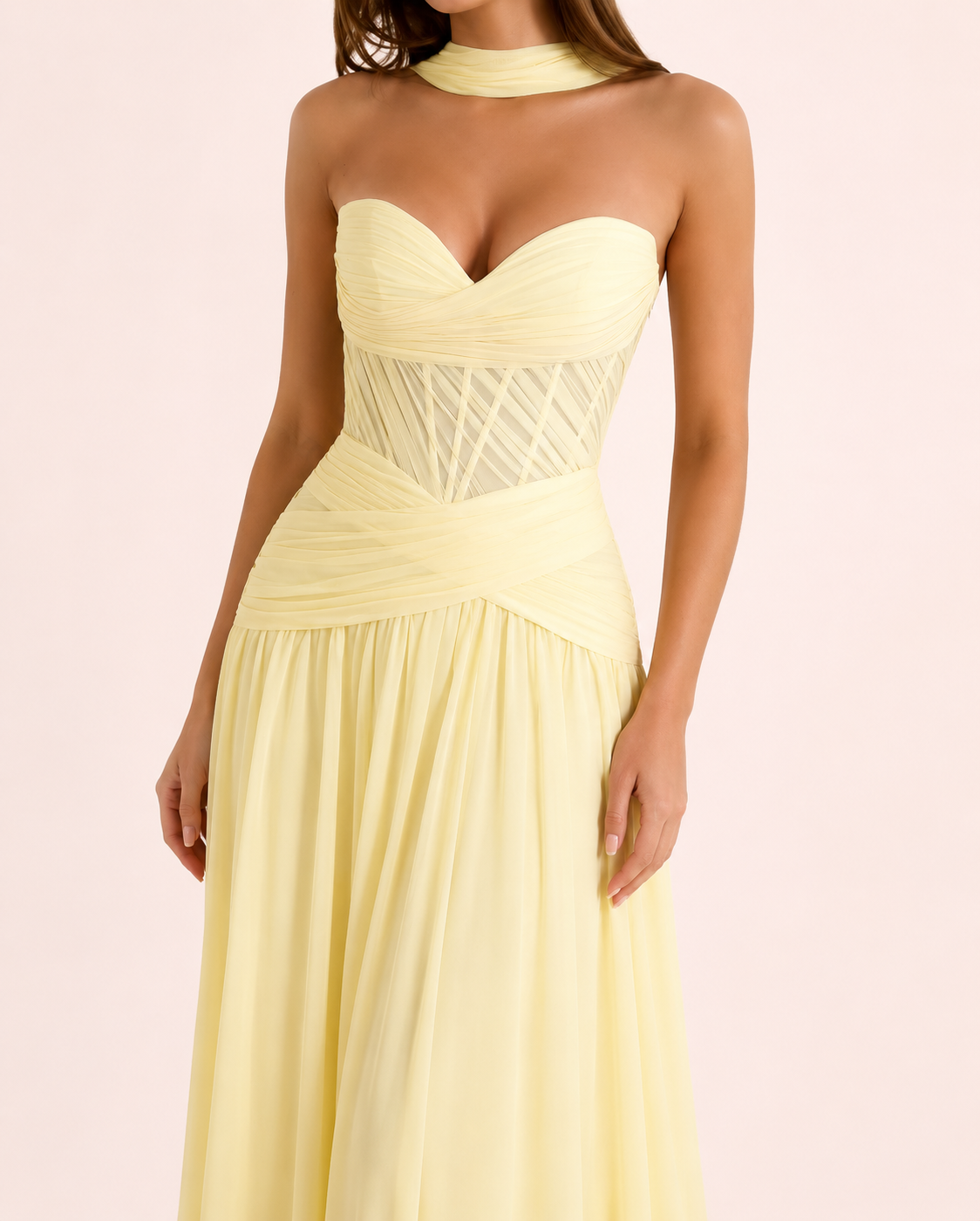 Oriane- Longue robe bustier jaune pastel