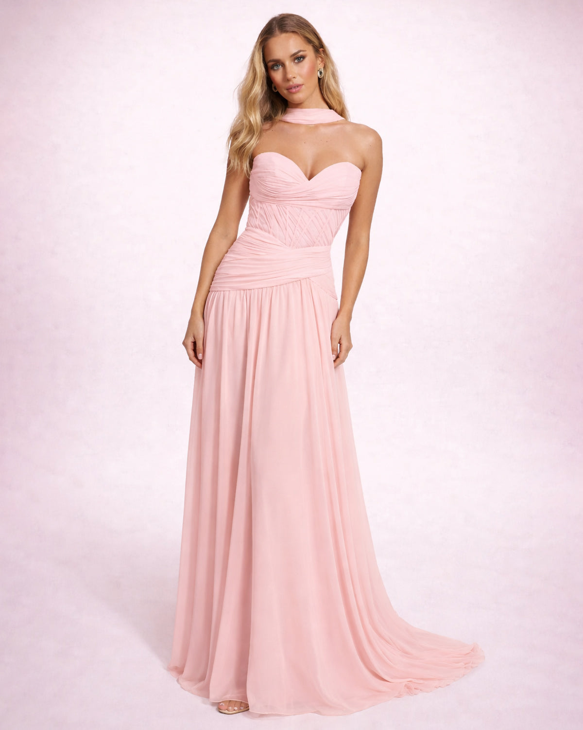 Oriane- Longue robe bustier rose poudré