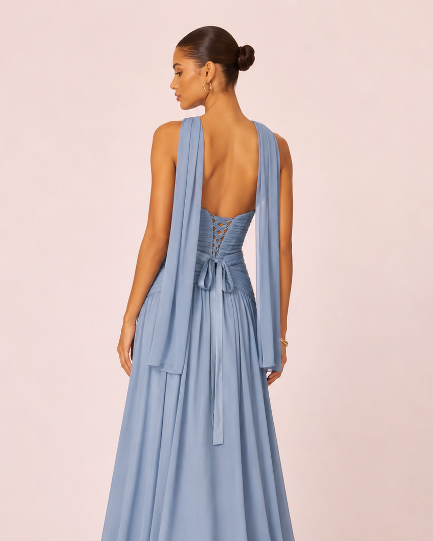 Oriane- Longue robe bustier bleu poussiéreux