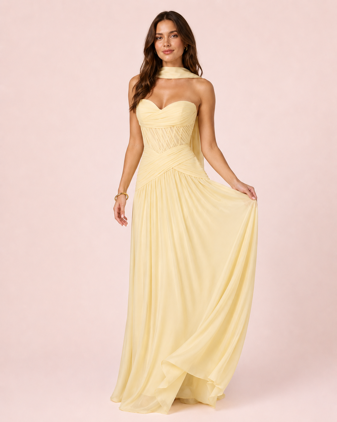 Oriane- Longue robe bustier jaune pastel
