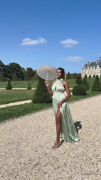 Long Sage Green Satin Dress