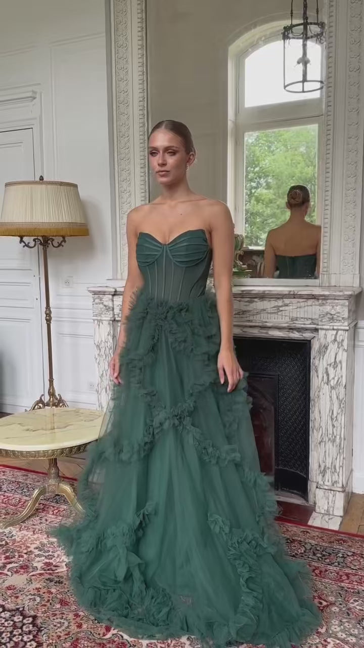 Alba - Longue robe en tulle vert émeraude