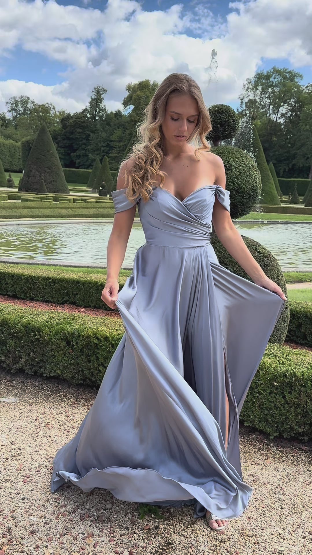 Romy - Robe à épaules dénudées bleu poussiéreux