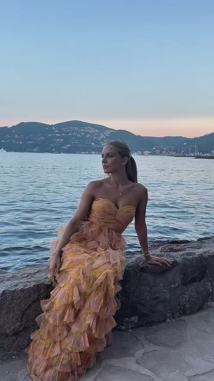 Solene - Robe Bustier A Volants Orange