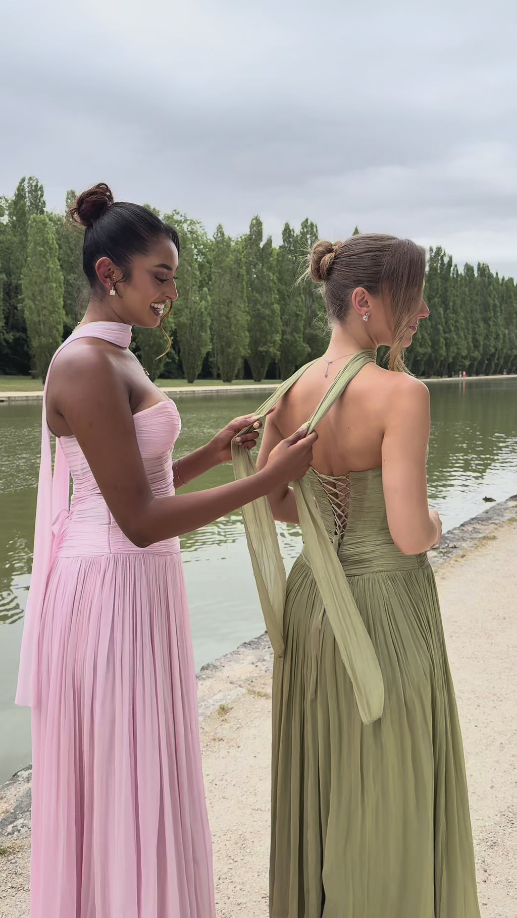 Gabrielle - Longue robe bustier rose poudré