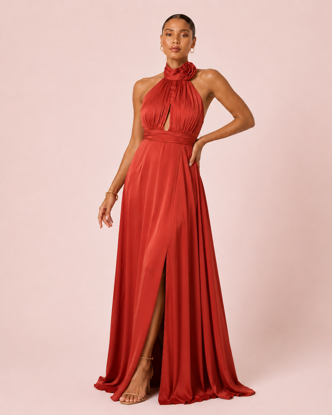 Rose - Longue robe satinée terracotta