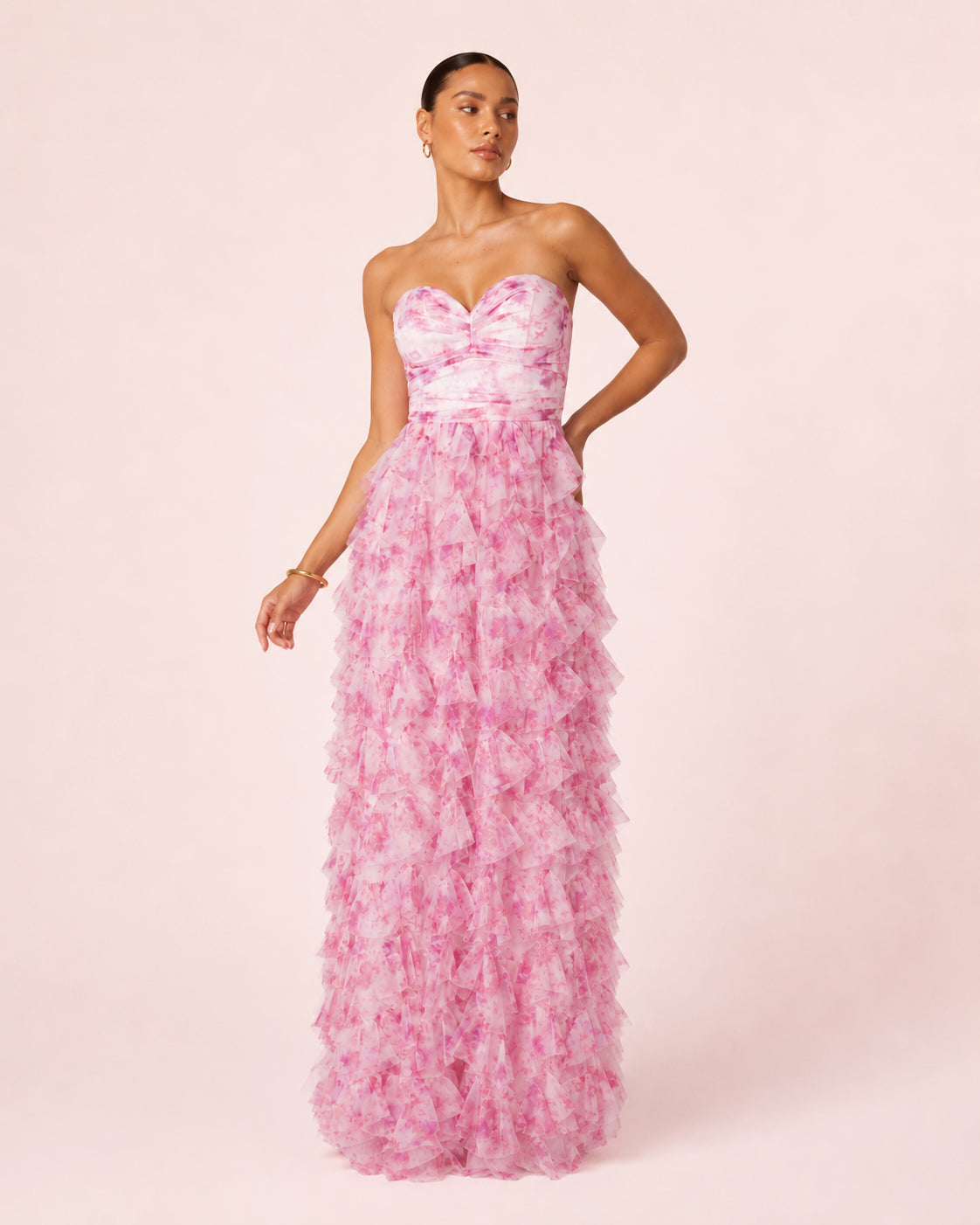 Solene - Robe Bustier A Volants Rose