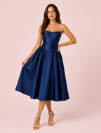 Andréa - Robe midi en satin bleu marine