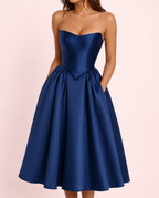 Andréa - Robe midi en satin bleu marine