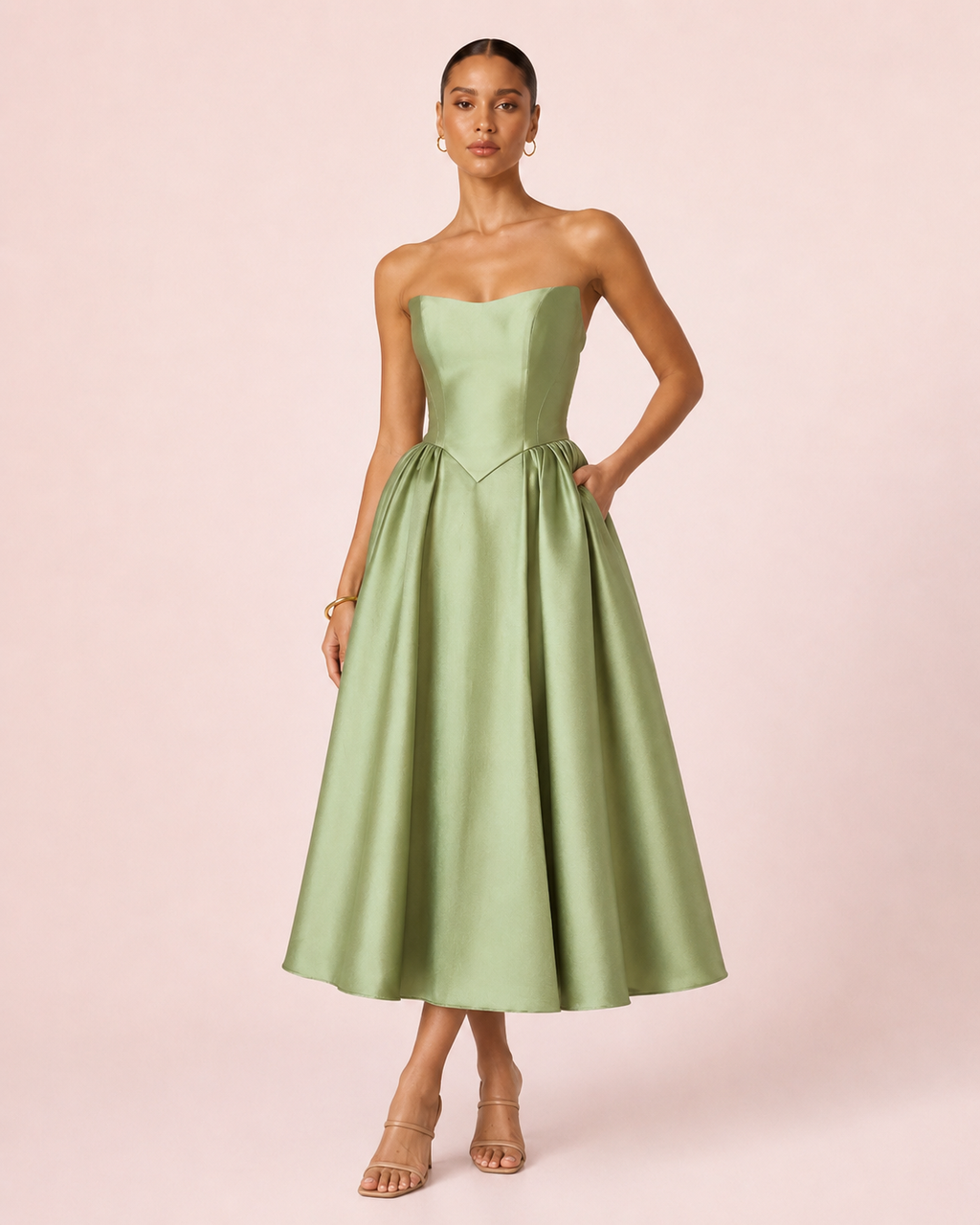 Andréa - Robe midi en satin vert sauge