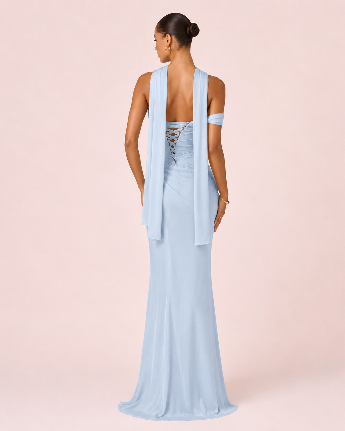 Valeria - Longue robe drapée asymétrique bleu ciel