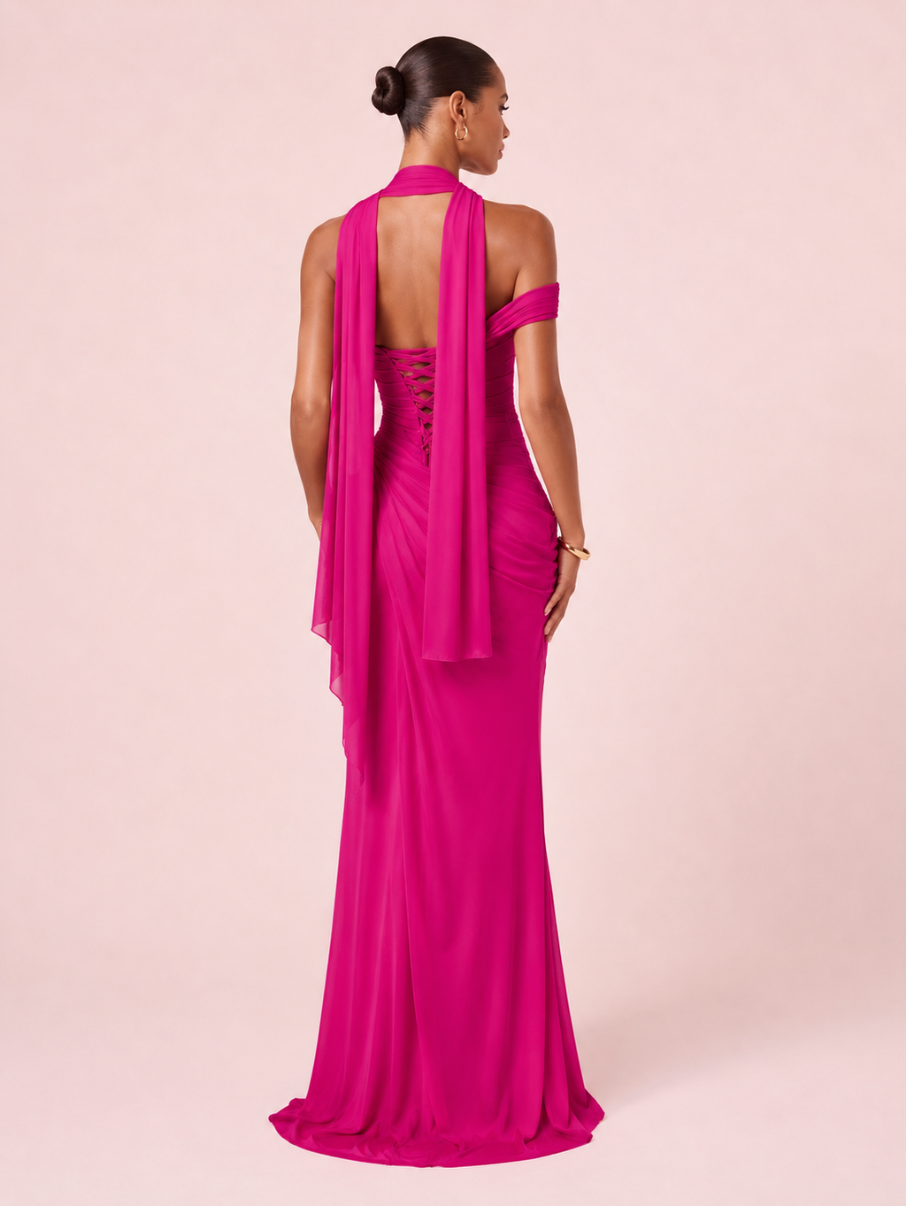 Valeria - Longue robe drapée asymétrique fuchsia