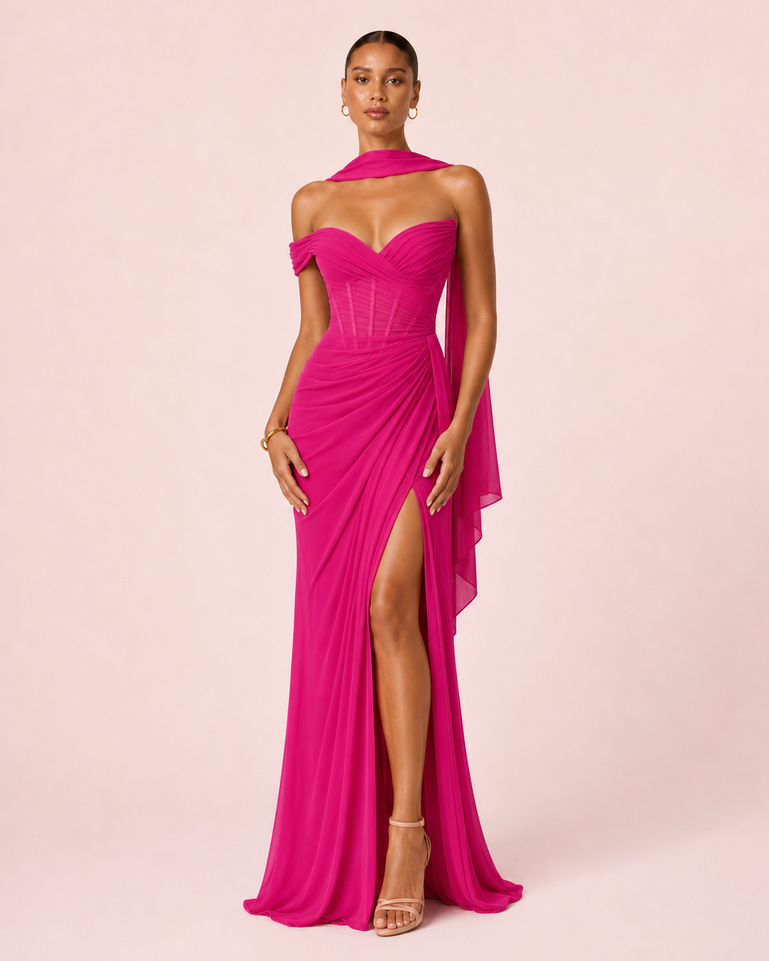 Valeria - Longue robe drapée asymétrique fuchsia