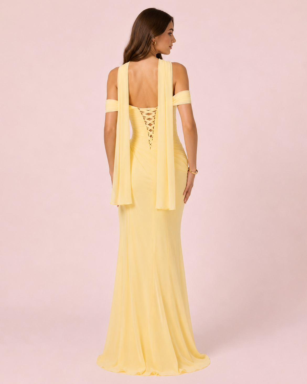 Valeria - Longue robe drapée asymétrique jaune