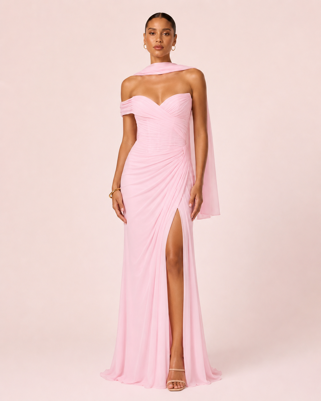 Valeria - Longue robe drapée asymétrique rose pastel